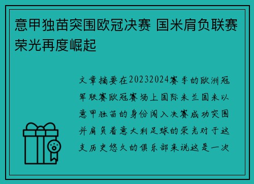 意甲独苗突围欧冠决赛 国米肩负联赛荣光再度崛起