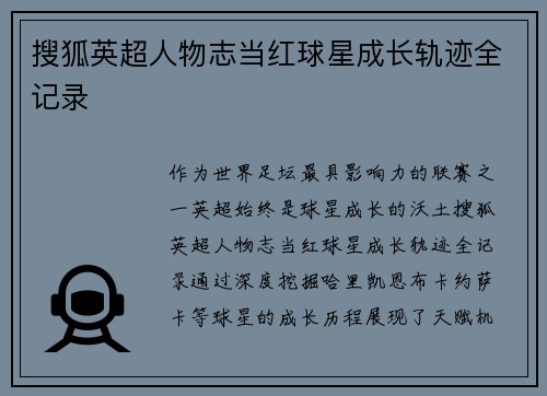 搜狐英超人物志当红球星成长轨迹全记录