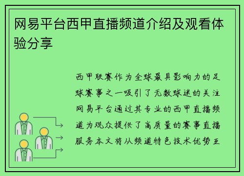网易平台西甲直播频道介绍及观看体验分享
